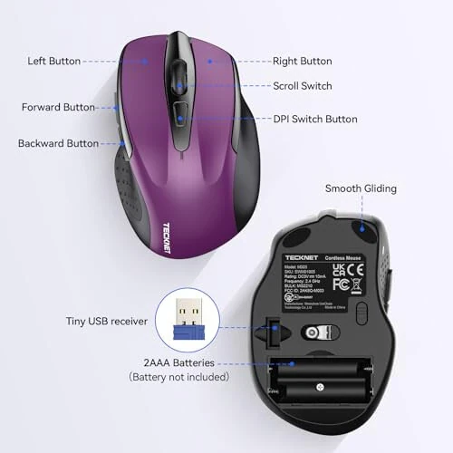 TECKNET Wireless Mouse, 2.4G Ergonomic Optical Mouse, Computer Mouse for Laptop, PC, Computer, Chromebook, Notebook, 6 Buttons, 24 Months Battery Life, 2600 DPI, 5 Adjustment Levels - 5