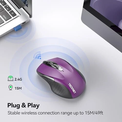 TECKNET Wireless Mouse, 2.4G Ergonomic Optical Mouse, Computer Mouse for Laptop, PC, Computer, Chromebook, Notebook, 6 Buttons, 24 Months Battery Life, 2600 DPI, 5 Adjustment Levels - 6