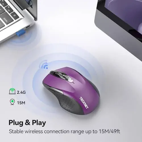 TECKNET Wireless Mouse, 2.4G Ergonomic Optical Mouse, Computer Mouse for Laptop, PC, Computer, Chromebook, Notebook, 6 Buttons, 24 Months Battery Life, 2600 DPI, 5 Adjustment Levels - 6