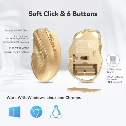 TECKNET Wireless Mouse, 2.4G Ergonomic Optical Mouse, Computer Mouse for Laptop, PC, Computer, Chromebook, Notebook, 6 Buttons, 24 Months Battery Life, 4000 DPI, 6 Adjustment Levels - 6