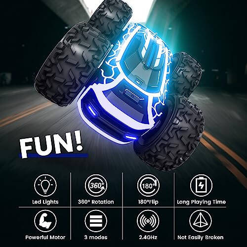 Tecnock Remote Control Car for Boys 4-7, 2.4GHz Rc Stunt Car for Kids, 360°Rotating Double Sided RC Car with Lights, Car Toy for Boys and Girls - 2