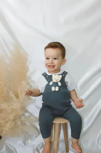 Teddy Bear Buttoned Baby Kids Knitted Dungaree Indigo-Indigo - 2