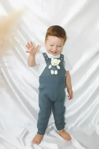 Teddy Bear Buttoned Baby Kids Knitted Dungaree Indigo-Indigo - 4