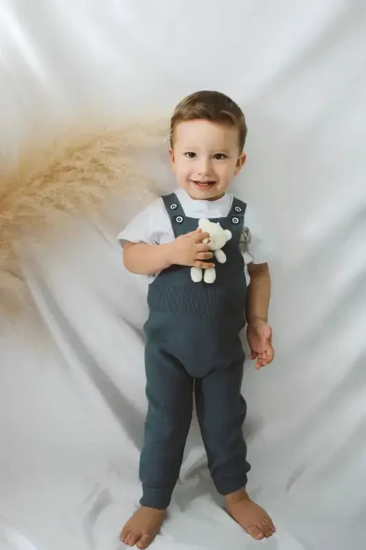 Teddy Bear Buttoned Baby Kids Knitted Dungaree Indigo-Indigo - 5