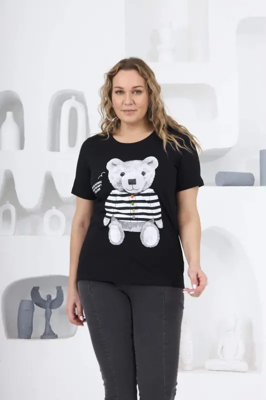 Teddy Bear Print Plus Size Black T-Shirt - BÜYÜKBEDENIZ