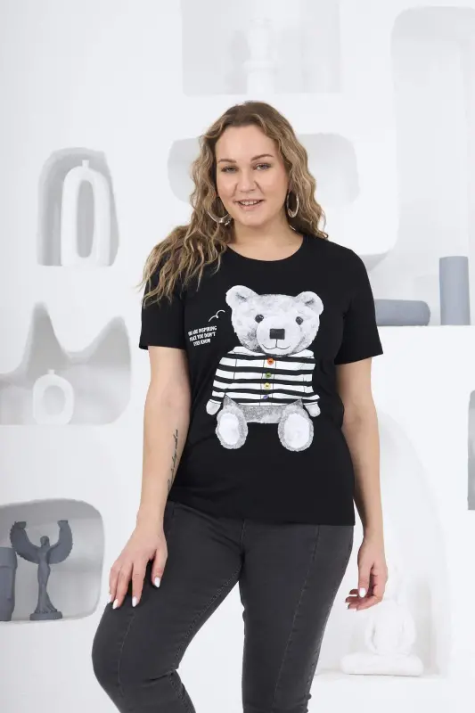 Teddy Bear Print Plus Size Black T-Shirt - 7