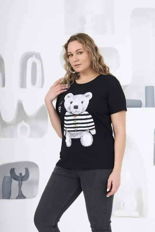 Teddy Bear Print Plus Size Black T-Shirt - 2