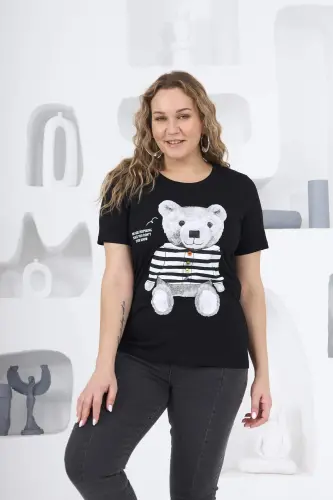 Teddy Bear Print Plus Size Black T-Shirt - 3