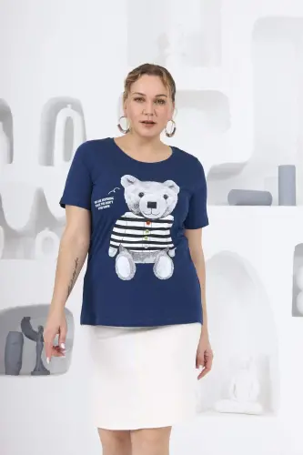 Teddy Bear Print Plus Size Indigo T-Shirt - 1