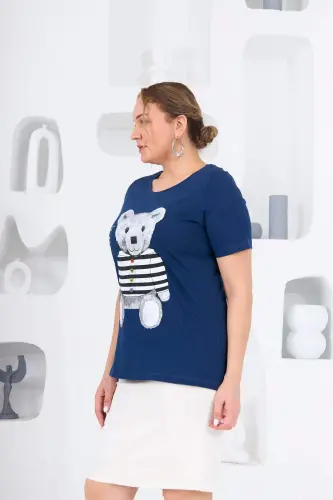 Teddy Bear Print Plus Size Indigo T-Shirt - BÜYÜKBEDENIZ (1)