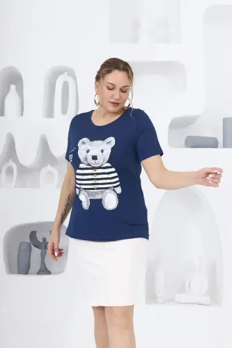 Teddy Bear Print Plus Size Indigo T-Shirt - 8