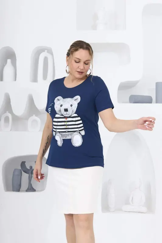 Teddy Bear Print Plus Size Indigo T-Shirt - 8