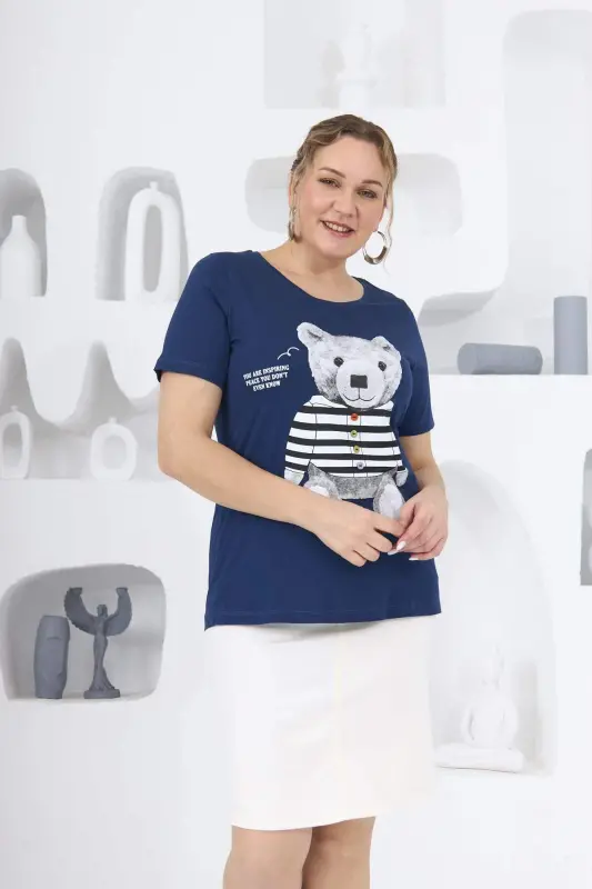 Teddy Bear Print Plus Size Indigo T-Shirt - 3