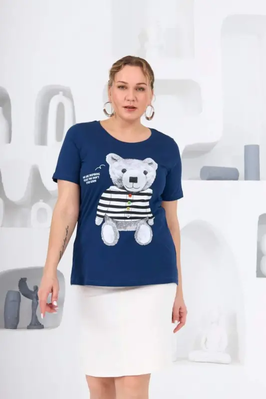 Teddy Bear Print Plus Size Indigo T-Shirt - BÜYÜKBEDENIZ