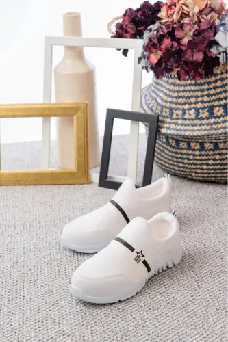Tedy Unisex Çocuk Bağcıksız Rahat Esnek Günlük Sneaker Spor Ayakkabı - BEYAZ-BEYAZ 