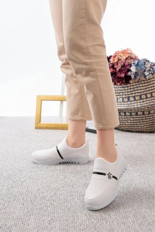 Tedy Unisex Çocuk Bağcıksız Rahat Esnek Günlük Sneaker Spor Ayakkabı - BEYAZ-BEYAZ - 5