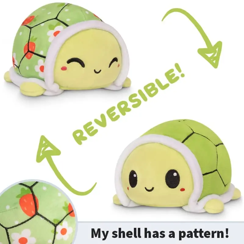 TeeTurtle - The Original Reversible Turtle Plushie - Strawberries + Flowers - Cute Sensory Fidget Stuffed Animals That Show Your Mood - 3
