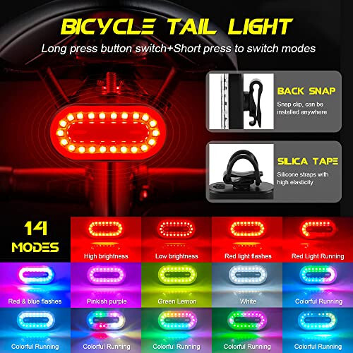 Teguangmei Bike Tail Light, Super Bright Cyclist Safety LED Warning Bike Flashlight, 7 Colors 14 Modes RGB Skateboard Light, Bicycle Rear Light Rechargeable & Waterproof, for Scooter Light Accessories - 3