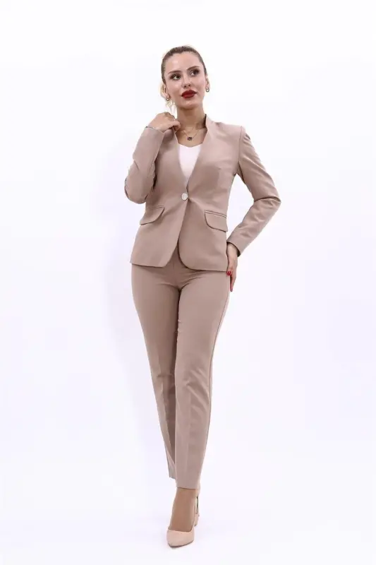 Tek Düğmeli Klasik Ceket & Dar Paça Pantolon-Taş-Taş - 1