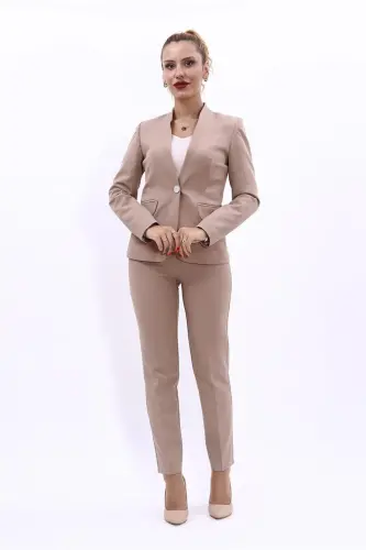 Tek Düğmeli Klasik Ceket & Dar Paça Pantolon-Taş-Taş - 5
