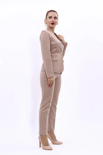 Tek Düğmeli Klasik Ceket & Dar Paça Pantolon-Taş-Taş - 3