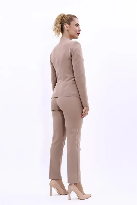 Tek Düğmeli Klasik Ceket & Dar Paça Pantolon-Taş-Taş - 4