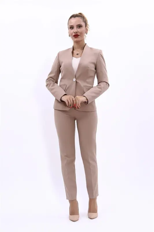 Tek Düğmeli Klasik Ceket & Dar Paça Pantolon-Taş-Taş - 5