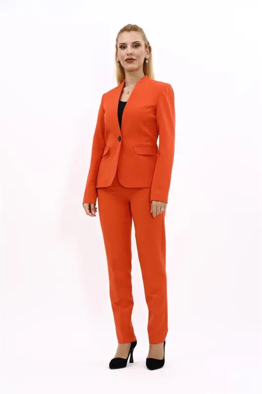 Tek Düğmeli Klasik Ceket & Dar Paça Pantolon-Turuncu-Turuncu - 1