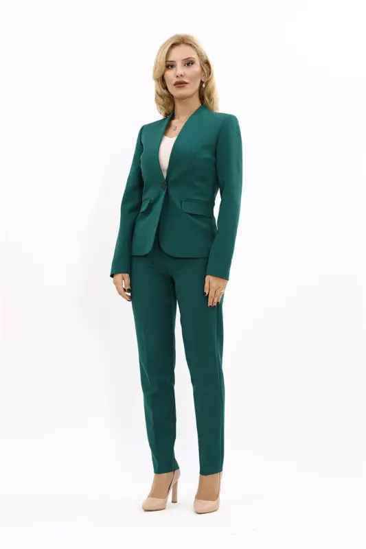 Tek Düğmeli Klasik Ceket & Dar Paça Pantolon-Zümrüt-Yeşil - 5