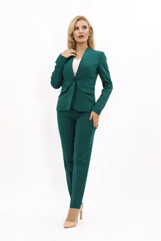 Tek Düğmeli Klasik Ceket & Dar Paça Pantolon-Zümrüt-Yeşil - ÖNDER ÖZSOY