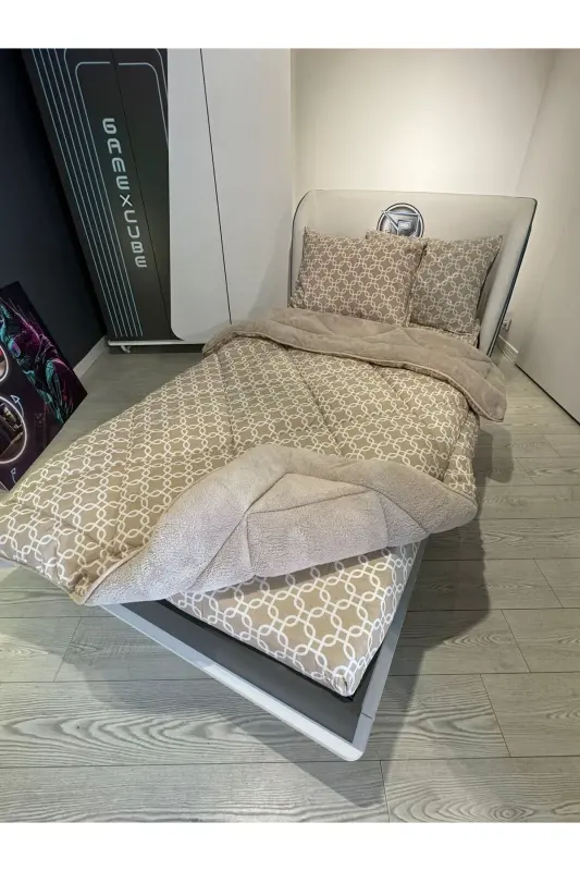 Tek Kişilik Welsoft Pufidik Uyku Seti (Lastikli Çarşaflı) Bej Zincir-Bej - 3