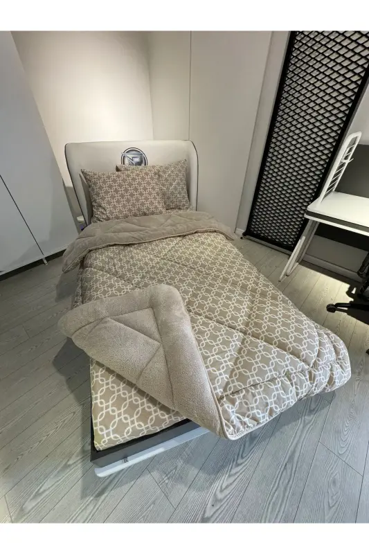 Tek Kişilik Welsoft Pufidik Uyku Seti (Lastikli Çarşaflı) Bej Zincir-Bej - 6