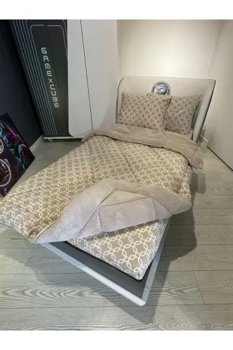 Tek Kişilik Welsoft Pufidik Uyku Seti (Lastikli Çarşaflı) Bej Zincir-Bej - 3