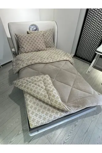 Tek Kişilik Welsoft Pufidik Uyku Seti (Lastikli Çarşaflı) Bej Zincir-Bej - 4