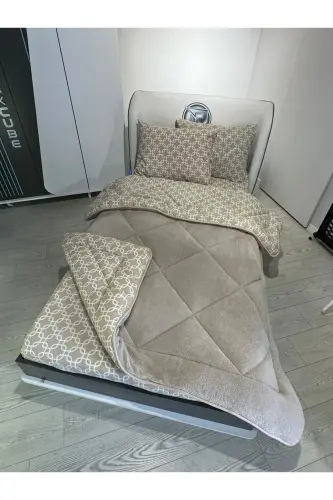 Tek Kişilik Welsoft Pufidik Uyku Seti (Lastikli Çarşaflı) Bej Zincir-Bej - 5