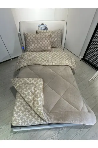 Tek Kişilik Welsoft Pufidik Uyku Seti (Lastikli Çarşaflı) Bej Zincir-Bej 