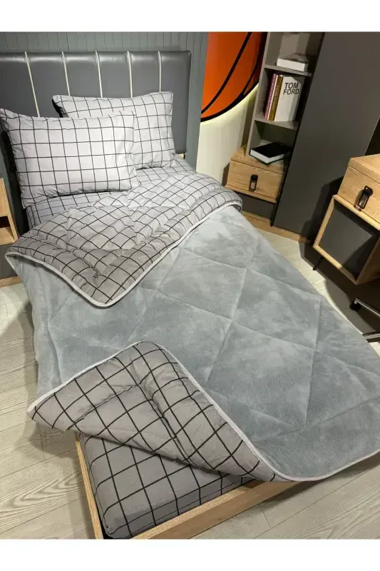 Tek Kişilik Welsoft Pufidik Uyku Seti (Lastikli Çarşaflı) Füme Kare - 3