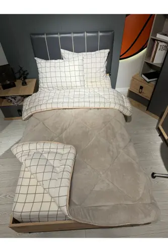 Tek Kişilik Welsoft Pufidik Uyku Seti (Lastikli Çarşaflı) Krem Kare-Bej 