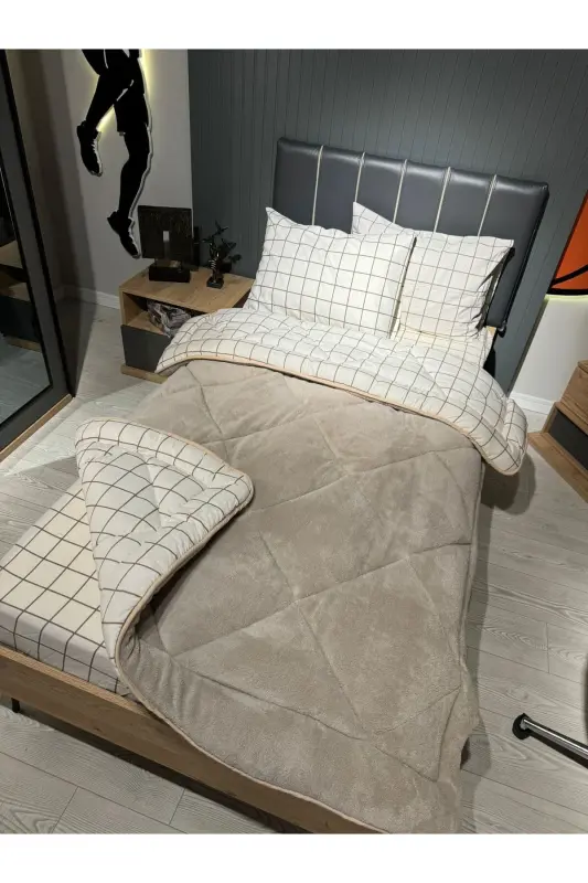 Tek Kişilik Welsoft Pufidik Uyku Seti (Lastikli Çarşaflı) Krem Kare-Bej - 8