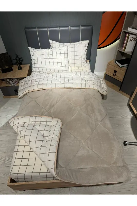 Tek Kişilik Welsoft Pufidik Uyku Seti (Lastikli Çarşaflı) Krem Kare-Bej - 1