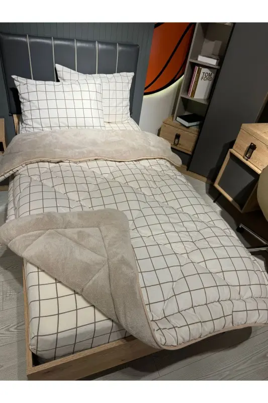 Tek Kişilik Welsoft Pufidik Uyku Seti (Lastikli Çarşaflı) Krem Kare-Bej - 2