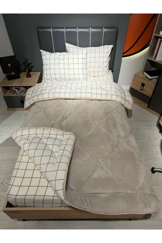 Tek Kişilik Welsoft Pufidik Uyku Seti (Lastikli Çarşaflı) Krem Kare-Bej - 4