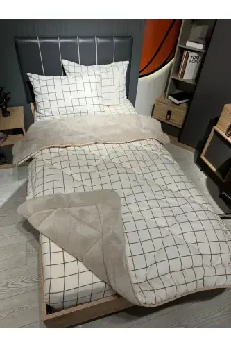 Tek Kişilik Welsoft Pufidik Uyku Seti (Lastikli Çarşaflı) Krem Kare-Bej - 7