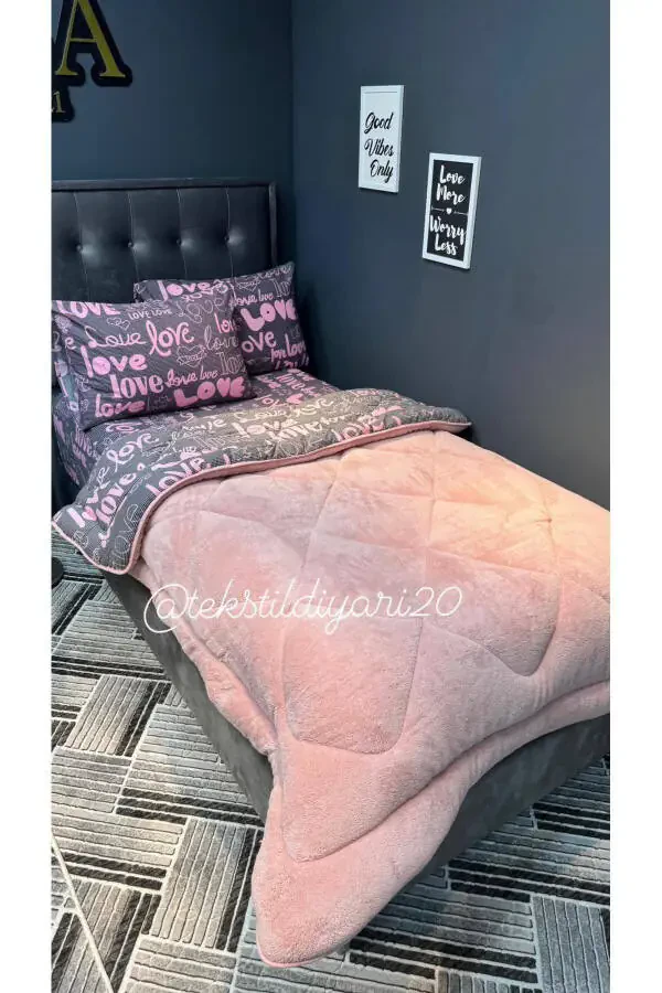 Tek Kişilik Welsoft Pufidik Uyku Seti (Lastikli Çarşaflı) Pudra Love-Pudra - 1