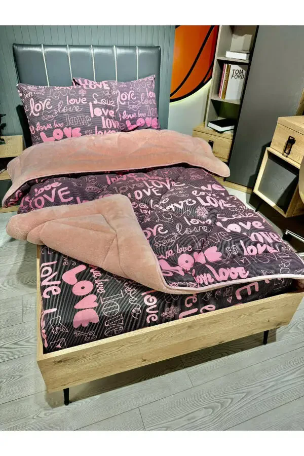 Tek Kişilik Welsoft Pufidik Uyku Seti (Lastikli Çarşaflı) Pudra Love-Pudra - 5