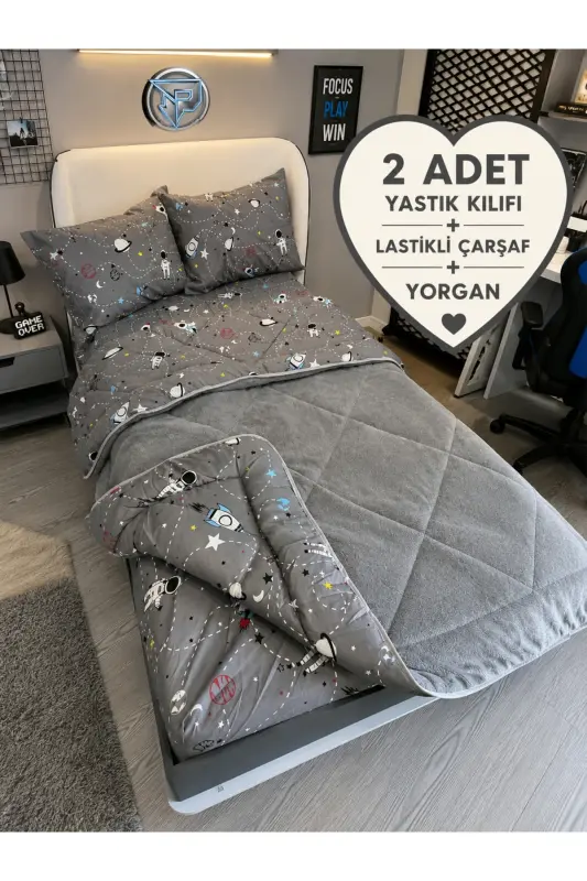 Tek Kişilik Welsoft Pufidik Uyku Seti (Lastikli Çarşaflı) Uzay Füme - Füme - 1