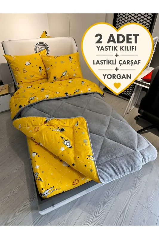 Tek Kişilik Welsoft Pufidik Uyku Seti (Lastikli Çarşaflı) Uzay Sarı - Sarı Gri - VIOLACASA