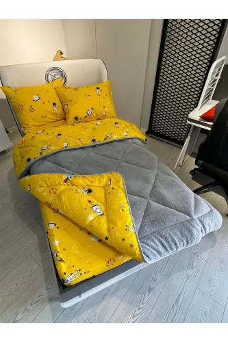 Tek Kişilik Welsoft Pufidik Uyku Seti (Lastikli Çarşaflı) Uzay Sarı-Sarı Gri - 1