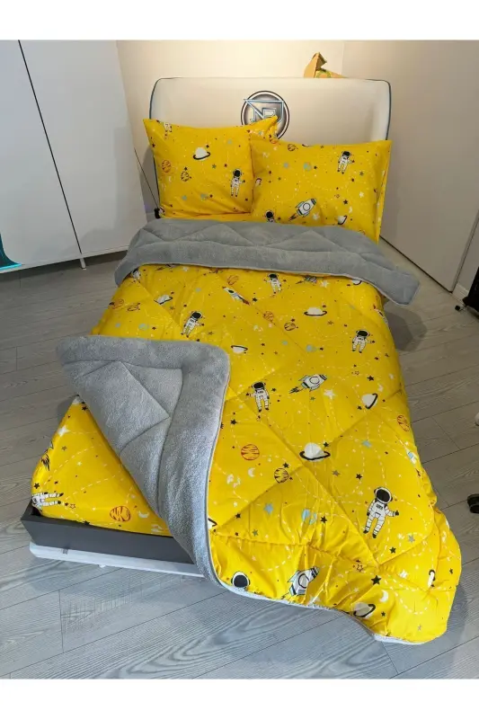 Tek Kişilik Welsoft Pufidik Uyku Seti (Lastikli Çarşaflı) Uzay Sarı-Sarı Gri - 3