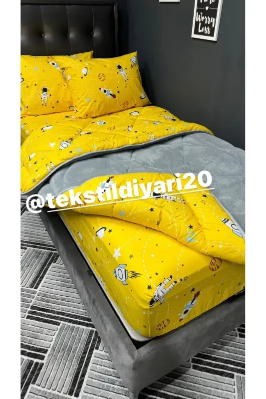 Tek Kişilik Welsoft Pufidik Uyku Seti (Lastikli Çarşaflı) Uzay Sarı-Sarı Gri - 4